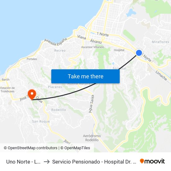 Uno Norte - Lusitania to Servicio Pensionado - Hospital Dr. Eduardo Pereira map