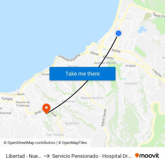 Libertad - Nueve Norte to Servicio Pensionado - Hospital Dr. Eduardo Pereira map