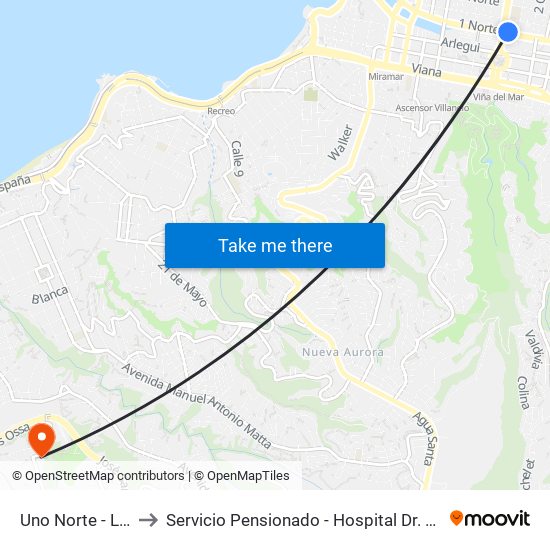 Uno Norte - Libertad to Servicio Pensionado - Hospital Dr. Eduardo Pereira map