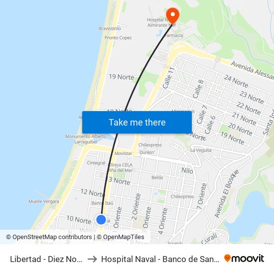 Libertad - Diez Norte to Hospital Naval - Banco de Sangre map