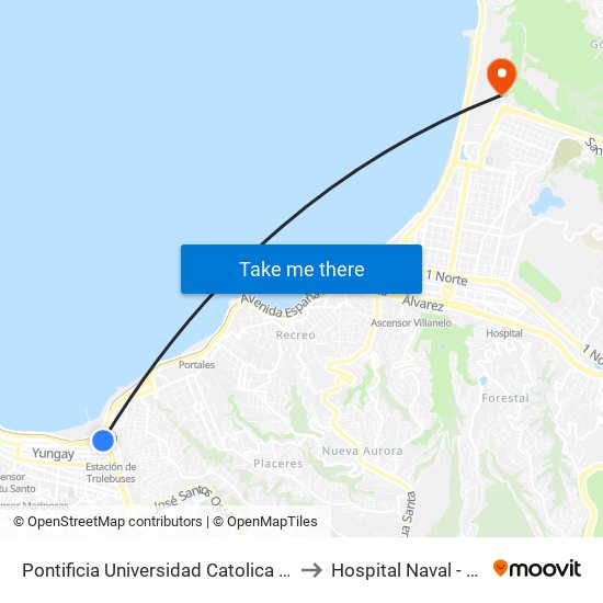 Pontificia Universidad Catolica De Valparaiso, Casa Central to Hospital Naval - Banco de Sangre map