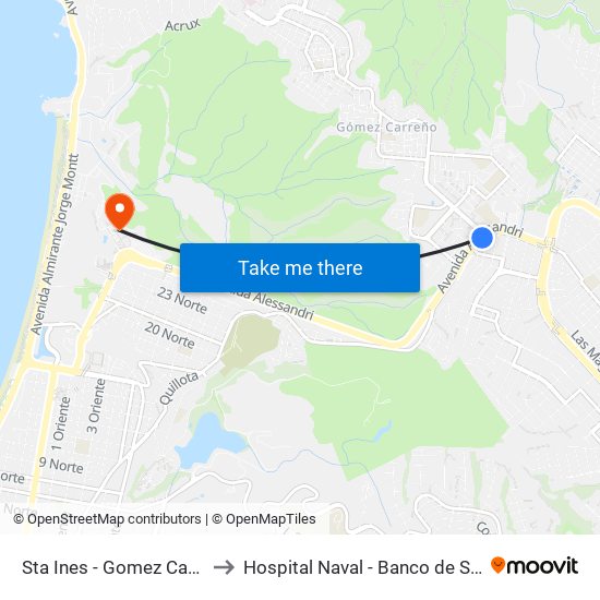 Sta Ines - Gomez Carreño to Hospital Naval - Banco de Sangre map
