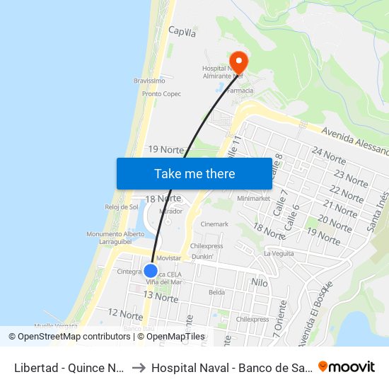 Libertad - Quince Norte to Hospital Naval - Banco de Sangre map