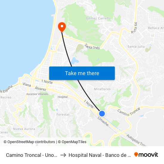 Camino Troncal - Uno Norte to Hospital Naval - Banco de Sangre map