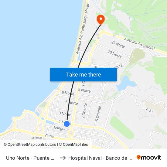 Uno Norte - Puente Quinta to Hospital Naval - Banco de Sangre map