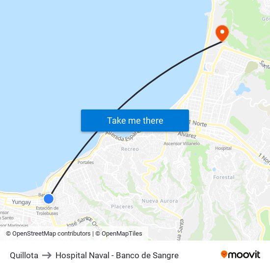 Quillota to Hospital Naval - Banco de Sangre map