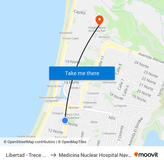 Libertad - Trece 1 / 2 Norte to Medicina Nuclear Hospital Naval Almirante Nef map