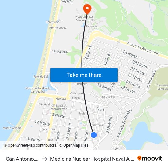 San Antonio, 1079 to Medicina Nuclear Hospital Naval Almirante Nef map