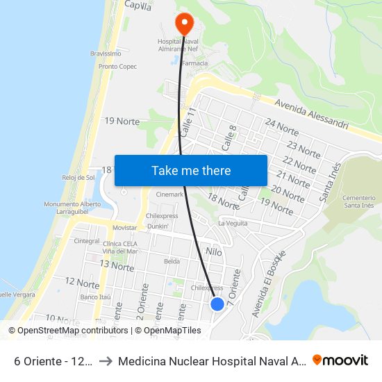 6 Oriente - 12 Norte to Medicina Nuclear Hospital Naval Almirante Nef map