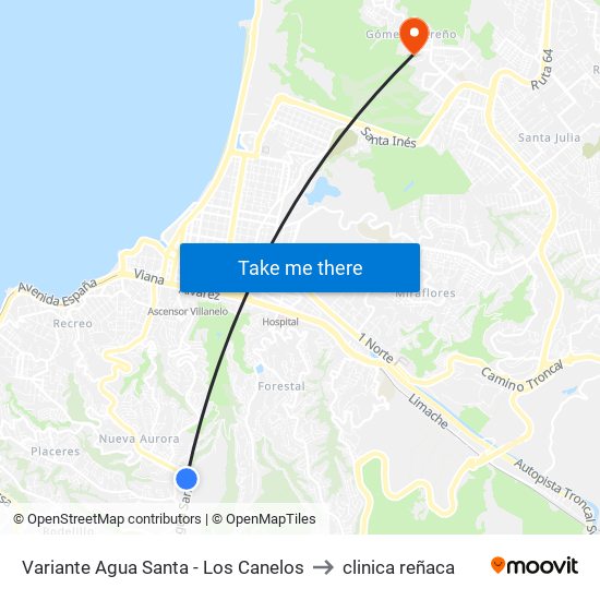 Variante Agua Santa - Los Canelos to clinica reñaca map