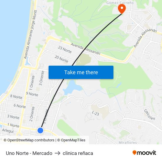 Uno Norte - Mercado to clinica reñaca map