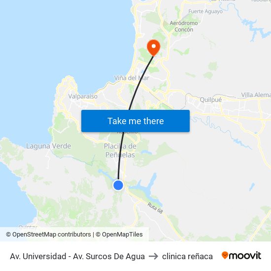 Av. Universidad - Av. Surcos De Agua to clinica reñaca map