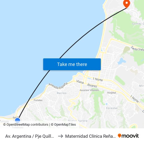 Av. Argentina / Pje Quillota to Maternidad Clínica Reñaca map