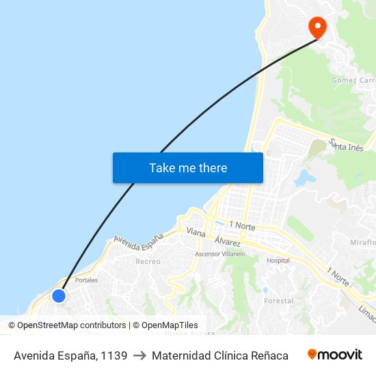 Avenida España, 1139 to Maternidad Clínica Reñaca map