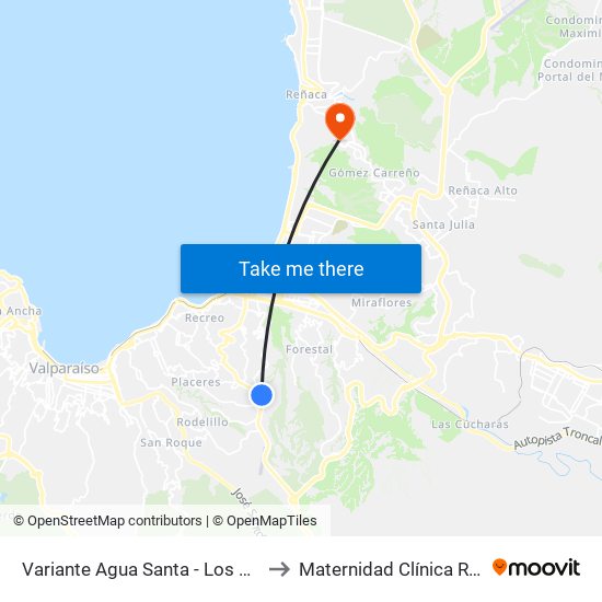 Variante Agua Santa - Los Canelos to Maternidad Clínica Reñaca map