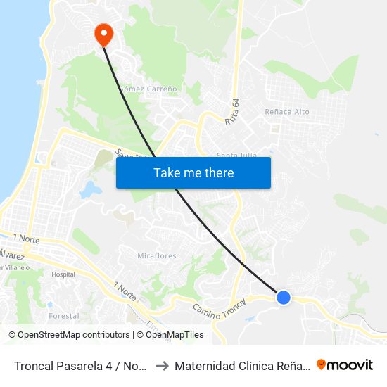 Troncal Pasarela 4 / Norte to Maternidad Clínica Reñaca map