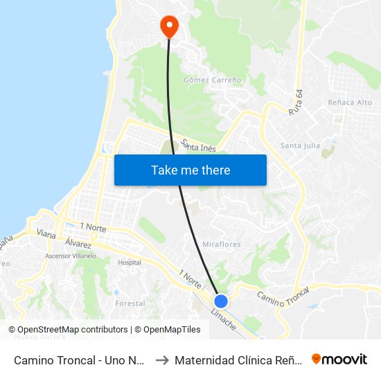 Camino Troncal - Uno Norte to Maternidad Clínica Reñaca map