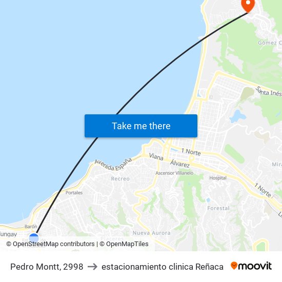 Pedro Montt, 2998 to estacionamiento clinica Reñaca map