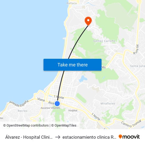 Álvarez - Hospital Clinico Ist to estacionamiento clinica Reñaca map