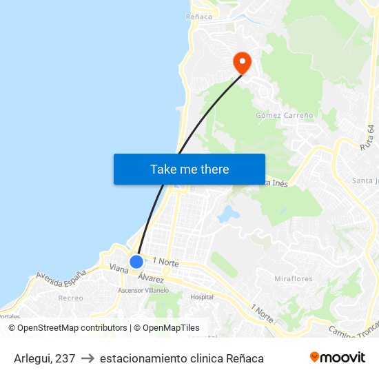 Arlegui, 237 to estacionamiento clinica Reñaca map