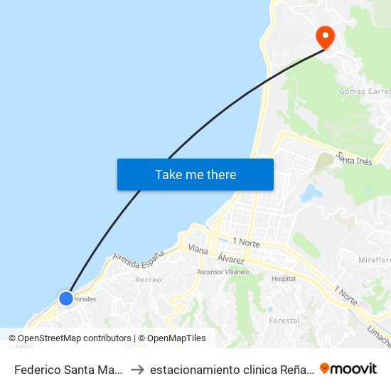 Federico Santa Maria to estacionamiento clinica Reñaca map