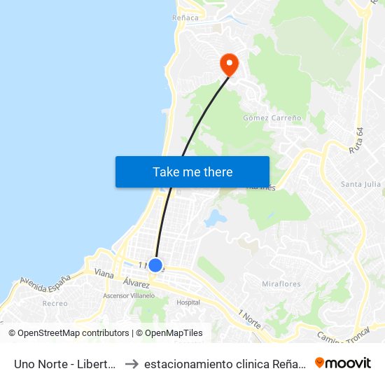 Uno Norte - Libertad to estacionamiento clinica Reñaca map