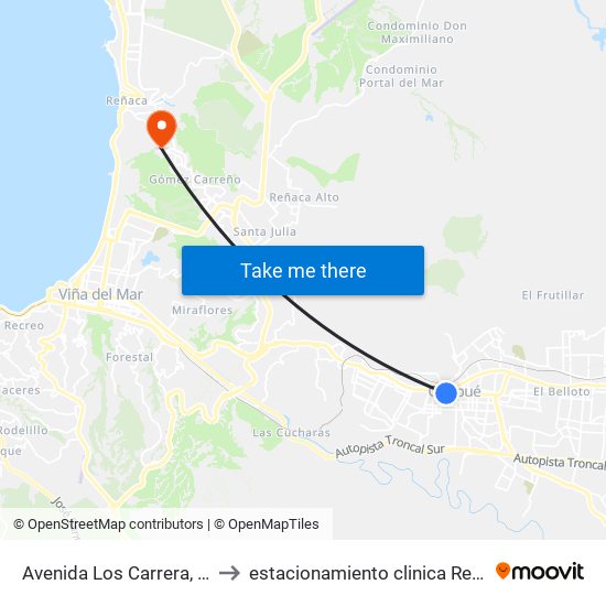 Avenida Los Carrera, 615 to estacionamiento clinica Reñaca map