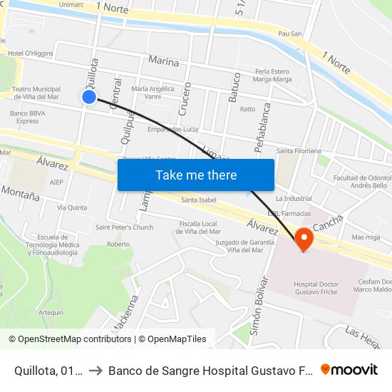 Quillota, 0151 to Banco de Sangre Hospital Gustavo Fricke map