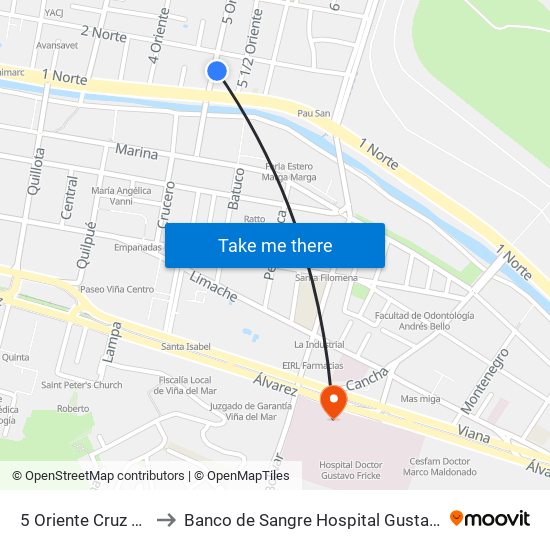 5 Oriente Cruz Verde to Banco de Sangre Hospital Gustavo Fricke map