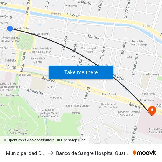 Municipalidad De Viña to Banco de Sangre Hospital Gustavo Fricke map