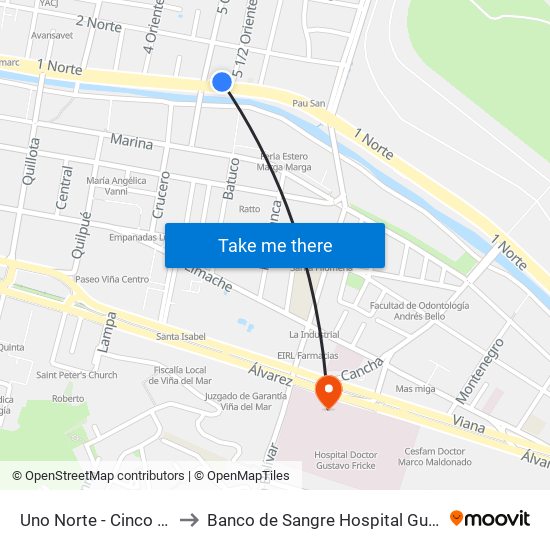 Uno Norte - Cinco 1 / 2 Ote to Banco de Sangre Hospital Gustavo Fricke map