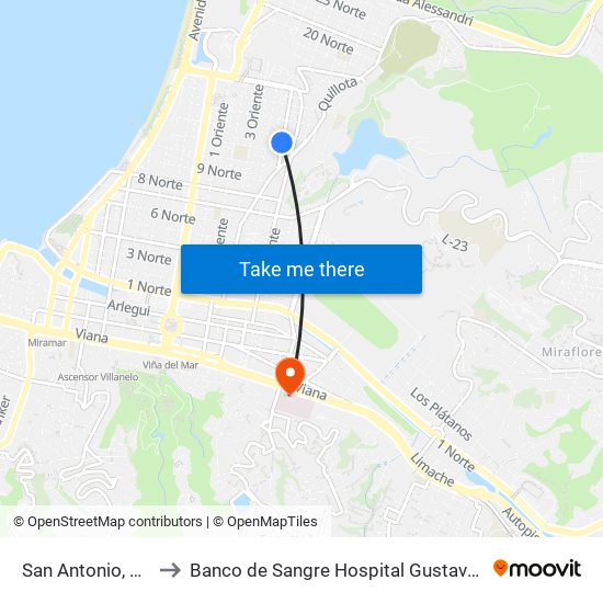 San Antonio, 1079 to Banco de Sangre Hospital Gustavo Fricke map