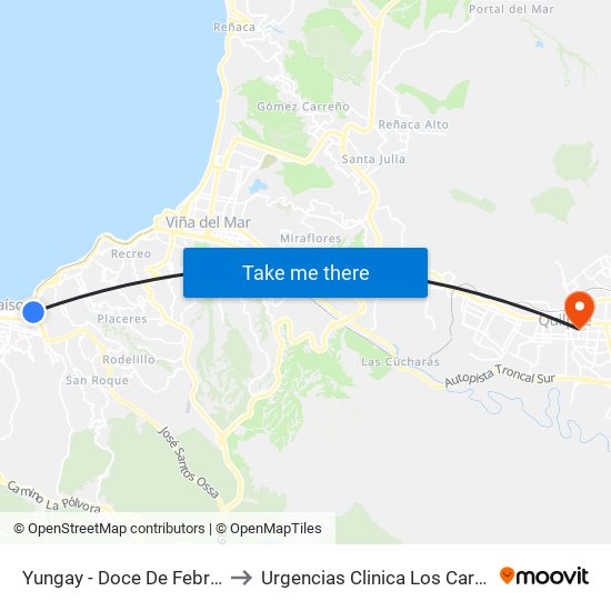 Yungay - Doce De Febrero to Urgencias Clinica Los Carrera map
