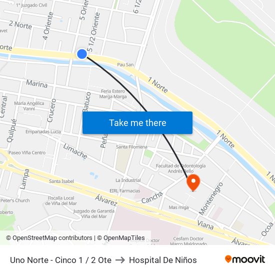Uno Norte - Cinco 1 / 2 Ote to Hospital De Niños map