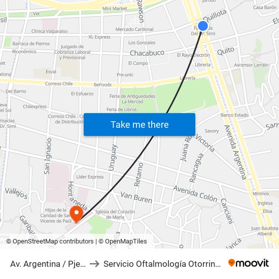 Av. Argentina / Pje Quillota to Servicio Oftalmología Otorrinolaringología map