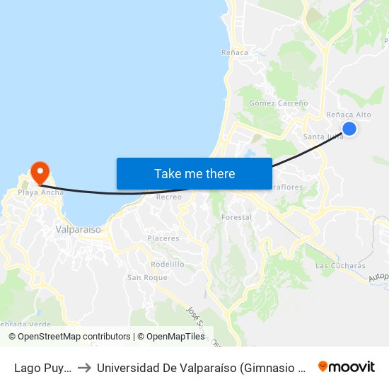 Lago Puyehue to Universidad De Valparaíso (Gimnasio Polideportivo) map