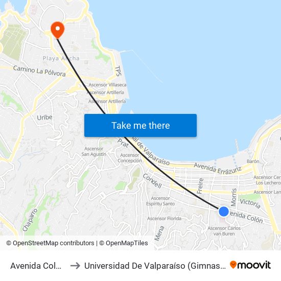 Avenida Colón, 2471 to Universidad De Valparaíso (Gimnasio Polideportivo) map