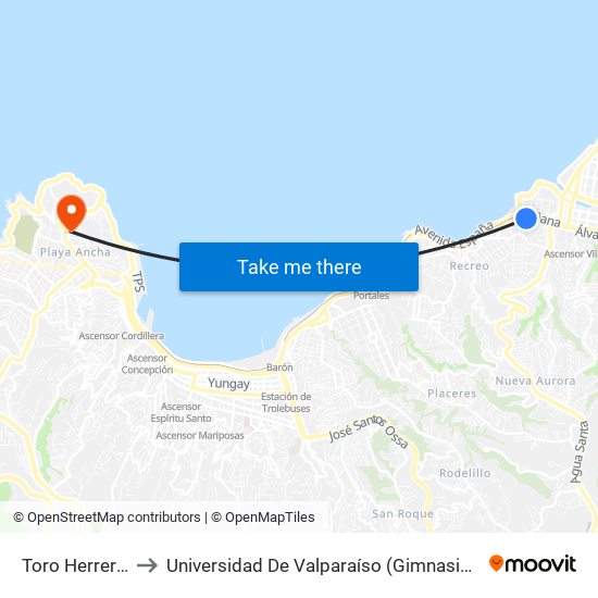Toro Herrera, 301 to Universidad De Valparaíso (Gimnasio Polideportivo) map
