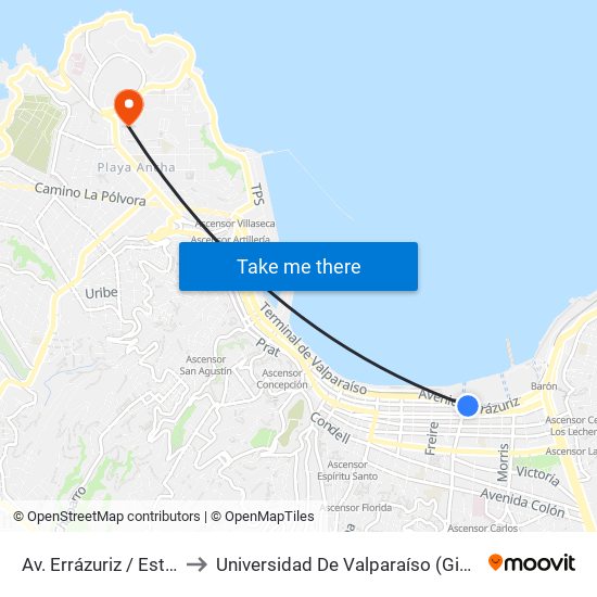 Av. Errázuriz / Estación Francia to Universidad De Valparaíso (Gimnasio Polideportivo) map