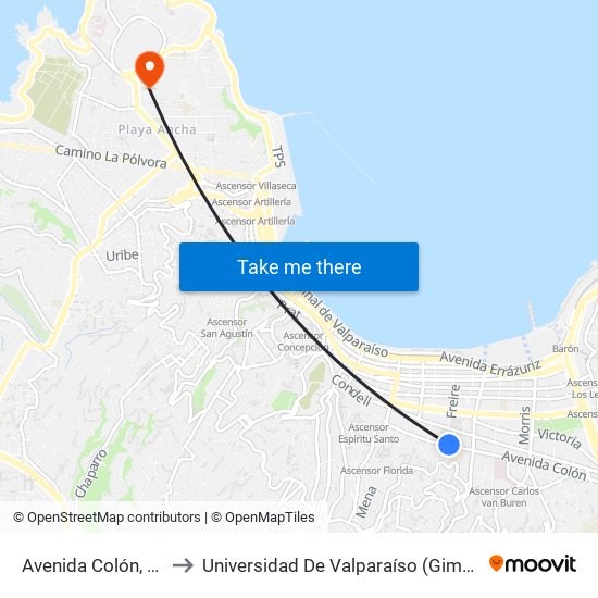 Avenida Colón, 2093-2131 to Universidad De Valparaíso (Gimnasio Polideportivo) map