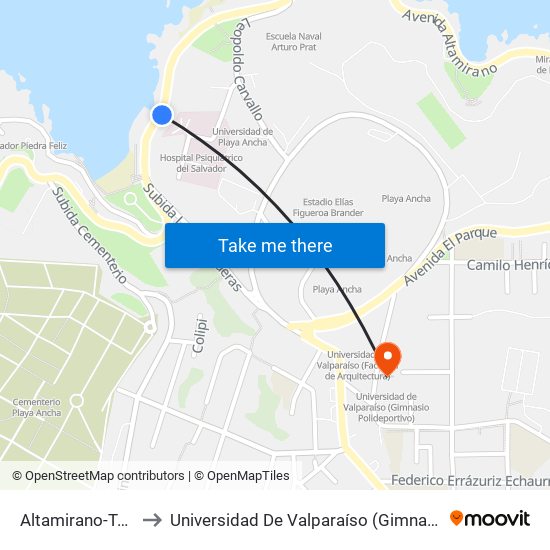 Altamirano-Torpedera to Universidad De Valparaíso (Gimnasio Polideportivo) map