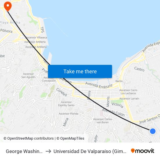 George Washington, 1202 to Universidad De Valparaíso (Gimnasio Polideportivo) map