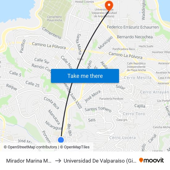 Mirador Marina Mercante Oriente to Universidad De Valparaíso (Gimnasio Polideportivo) map