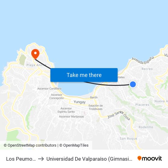 Los Peumos, 702 to Universidad De Valparaíso (Gimnasio Polideportivo) map