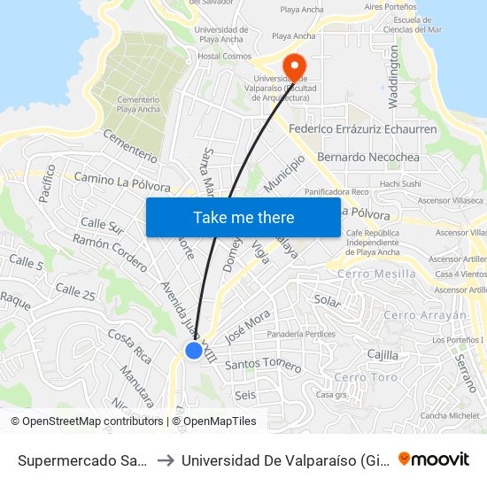 Supermercado Santa Isabel / Sur to Universidad De Valparaíso (Gimnasio Polideportivo) map