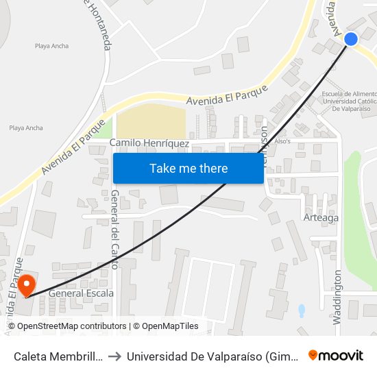 Caleta Membrillo / Oriente to Universidad De Valparaíso (Gimnasio Polideportivo) map