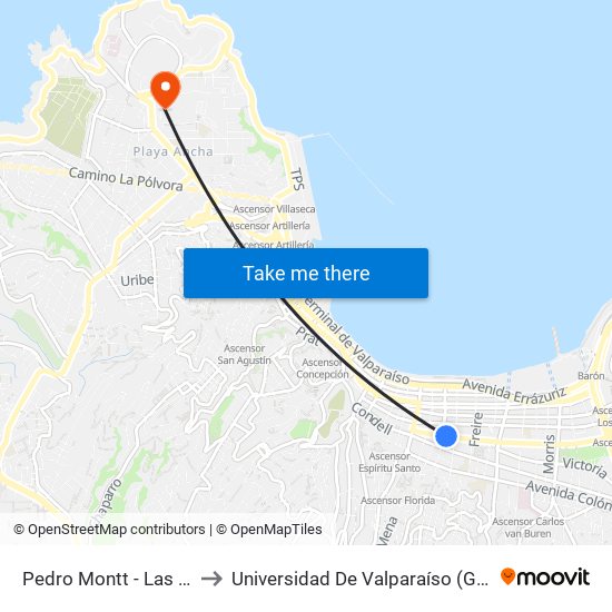 Pedro Montt - Las Heras / Oriente to Universidad De Valparaíso (Gimnasio Polideportivo) map