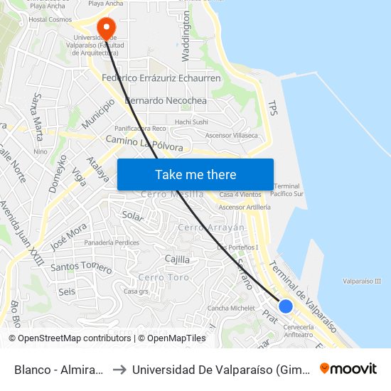 Blanco - Almirante Señoret to Universidad De Valparaíso (Gimnasio Polideportivo) map