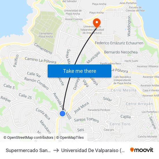 Supermercado Santa Isabel / Norte to Universidad De Valparaíso (Gimnasio Polideportivo) map