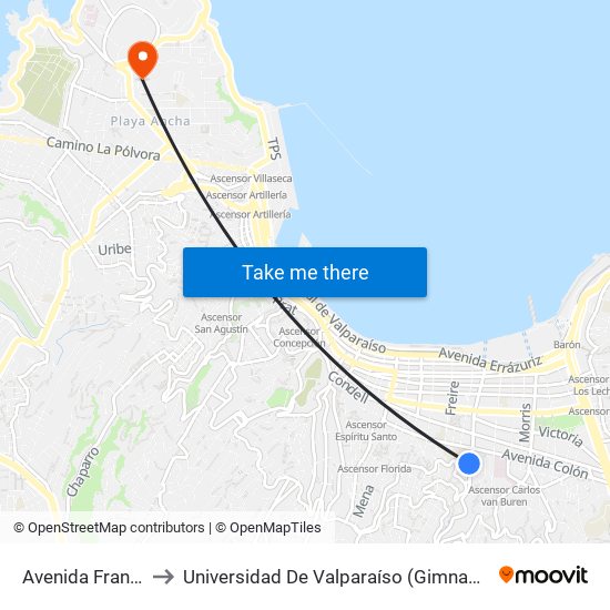 Avenida Francia, 786 to Universidad De Valparaíso (Gimnasio Polideportivo) map
